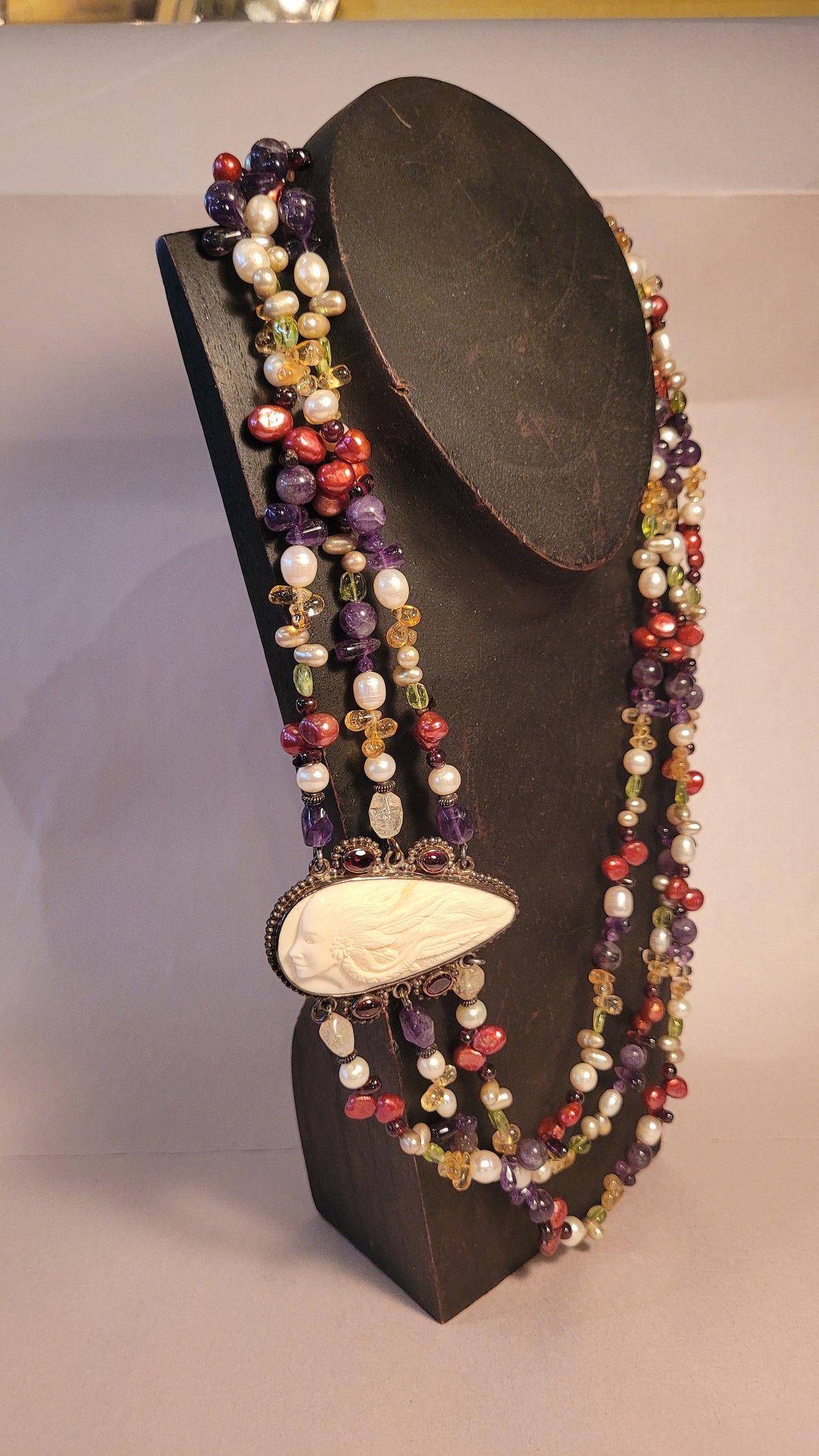 Sajen Goddess Cameo triple strand Necklace, garnet, amethyst, pearls, peridot
