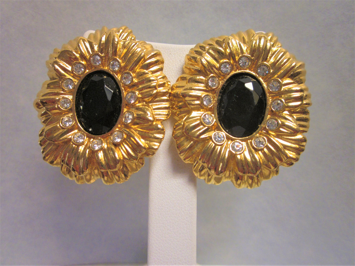 Vintage KJL Avon Clip On Earrings, Black Crystal Rhinestone Floral Design