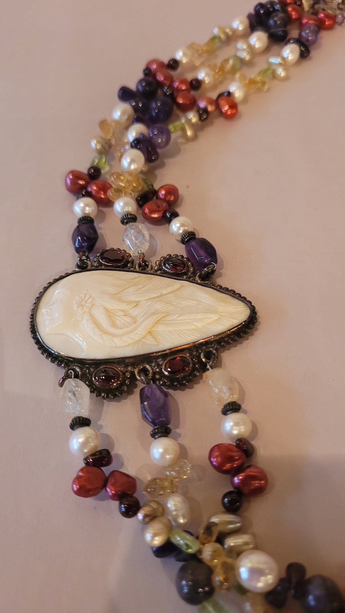 Sajen Goddess Cameo triple strand Necklace, garnet, amethyst, pearls, peridot