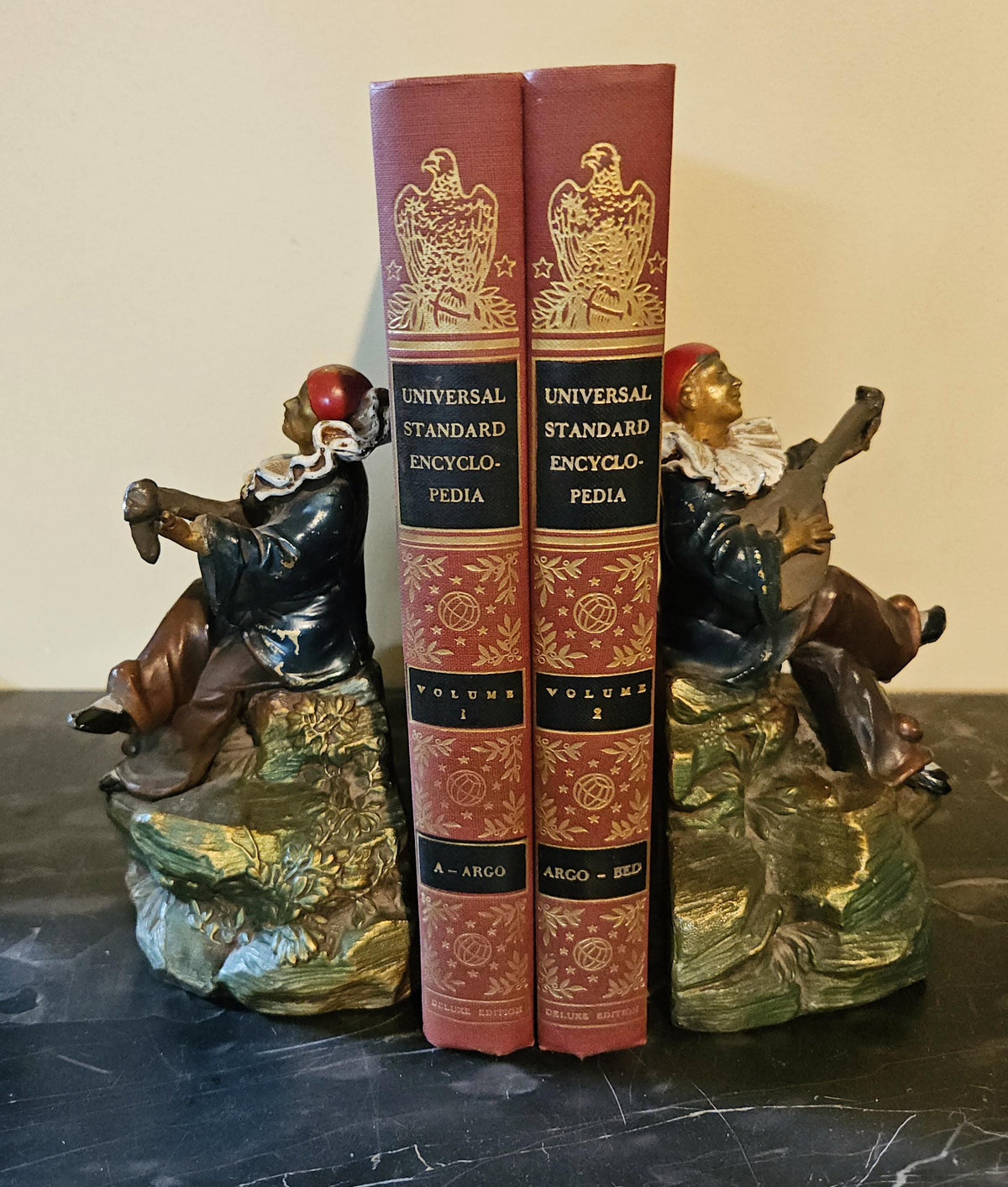 Antique Art Deco Kronheim and Oldenbusch Pierrot Bookends playing Mandolin