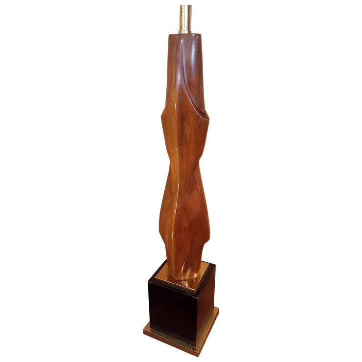 Mid Century Modern Laurel Table Lamp Tall Carved Wood with Brass Black Base
