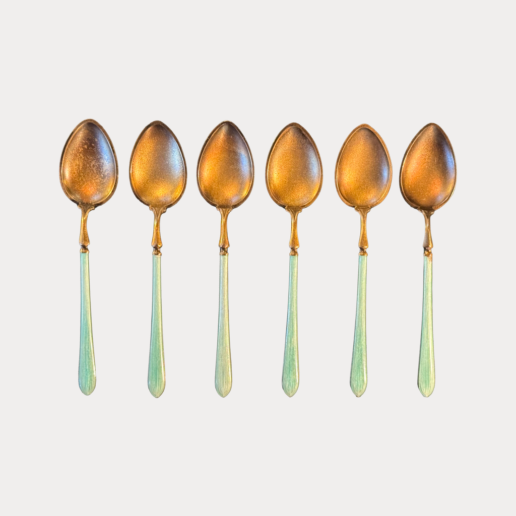 Norwegian Marius Hammer Sterling Enameled Demitasse Spoon set French Blue Set of 6